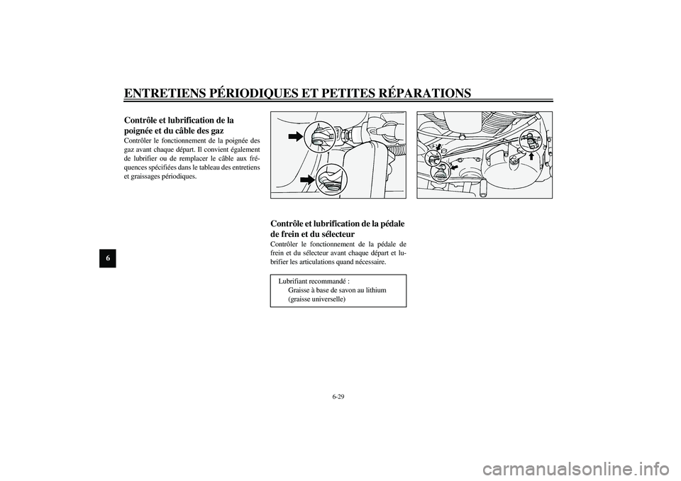 YAMAHA XV1600A 2002  Notices Demploi (in French) ENTRETIENS PÉRIODIQUES ET PETITES RÉPARATIONS
6-29
6
FAU04034
Contrôle et lubrification de la 
poignée et du câble des gaz Contrôler le fonctionnement de la poignée des
gaz avant chaque départ
