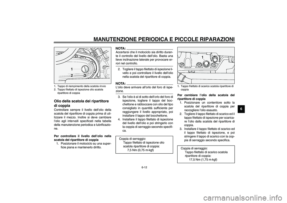 YAMAHA XV1600A 2002  Manuale duso (in Italian) MANUTENZIONE PERIODICA E PICCOLE RIPARAZIONI
6-12
6
HAU03395
Olio della scatola del ripartitore 
di coppia Controllare sempre il livello dell’olio della
scatola del ripartitore di coppia prima di ut
