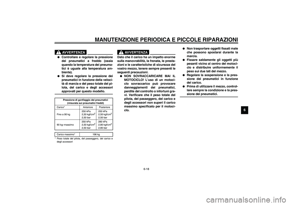 YAMAHA XV1600A 2002  Manuale duso (in Italian) MANUTENZIONE PERIODICA E PICCOLE RIPARAZIONI
6-18
6
HW000082
AVVERTENZA
_ 
Controllare e regolare la pressione
dei pneumatici a freddo (ossia
quando la temperatura dei pneuma-
tici è uguale alla tem