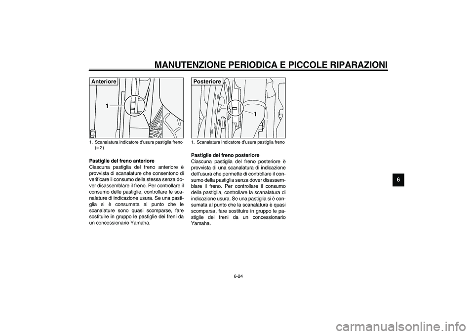 YAMAHA XV1600A 2002  Manuale duso (in Italian) MANUTENZIONE PERIODICA E PICCOLE RIPARAZIONI
6-24
6
HAU03938
Pastiglie del freno anteriore
Ciascuna pastiglia del freno anteriore è
provvista di scanalature che consentono di
verificare il consumo de