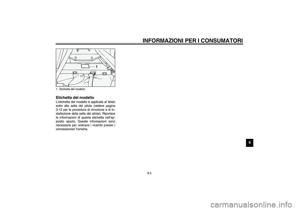 YAMAHA XV1600A 2002  Manuale duso (in Italian) INFORMAZIONI PER I CONSUMATORI
9-2
9
HAU01804
Etichetta del modello L’etichetta del modello è applicata al telaio
sotto alla sella del pilota (vedere pagina
3-12 per le procedure di rimozione e di 