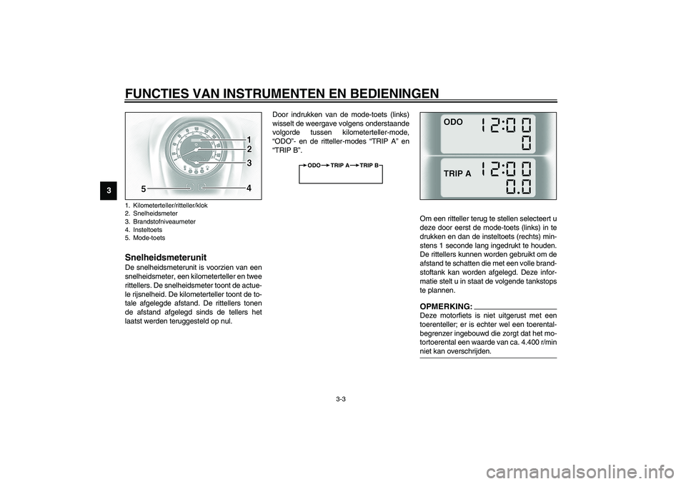 YAMAHA XV1600A 2002  Instructieboekje (in Dutch) FUNCTIES VAN INSTRUMENTEN EN BEDIENINGEN
3-3
3
DAU03393
Snelheidsmeterunit De snelheidsmeterunit is voorzien van een
snelheidsmeter, een kilometerteller en twee
rittellers. De snelheidsmeter toont de 
