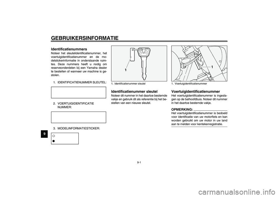 YAMAHA XV1600A 2002  Instructieboekje (in Dutch) 9-1
9
DAU01039
9-GEBRUIKERSINFORMATIE
DAU02944
Identificatienummers Noteer het sleutelidentificatienummer, het
voertuigidentificatienummer en de mo-
delstickerinformatie in onderstaande ruim-
tes. Dez