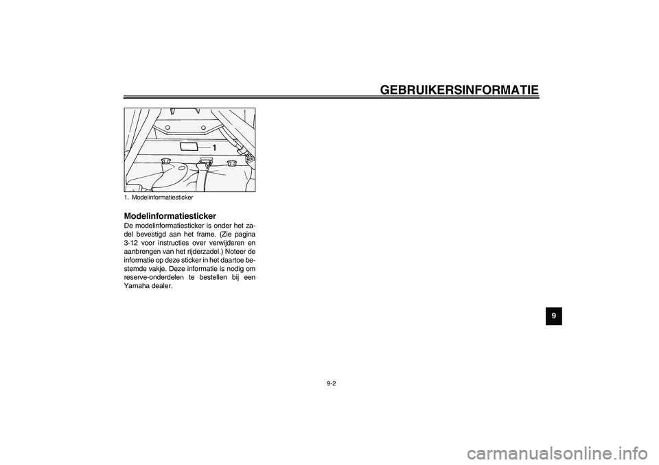 YAMAHA XV1600A 2002  Instructieboekje (in Dutch) GEBRUIKERSINFORMATIE
9-2
9
DAU01804
Modelinformatiesticker De modelinformatiesticker is onder het za-
del bevestigd aan het frame. (Zie pagina
3-12 voor instructies over verwijderen en
aanbrengen van 