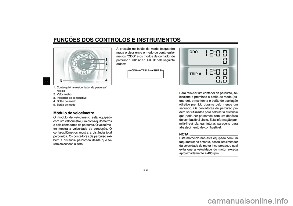 YAMAHA XV1600A 2002 Manual de utilização (in Portuguese) FUNÇÕES DOS CONTROLOS E INSTRUMENTOS
3-3
3
PAU03393
Módulo de velocímetro O módulo de velocímetro está equipado
com um velocímetro, um conta-quilómetros
e dois contadores de percurso. O veloc YAMAHA XV1600A 2002 Manual de utilização (in Portuguese) FUNÇÕES DOS CONTROLOS E INSTRUMENTOS
3-3
3
PAU03393
Módulo de velocímetro O módulo de velocímetro está equipado
com um velocímetro, um conta-quilómetros
e dois contadores de percurso. O veloc
