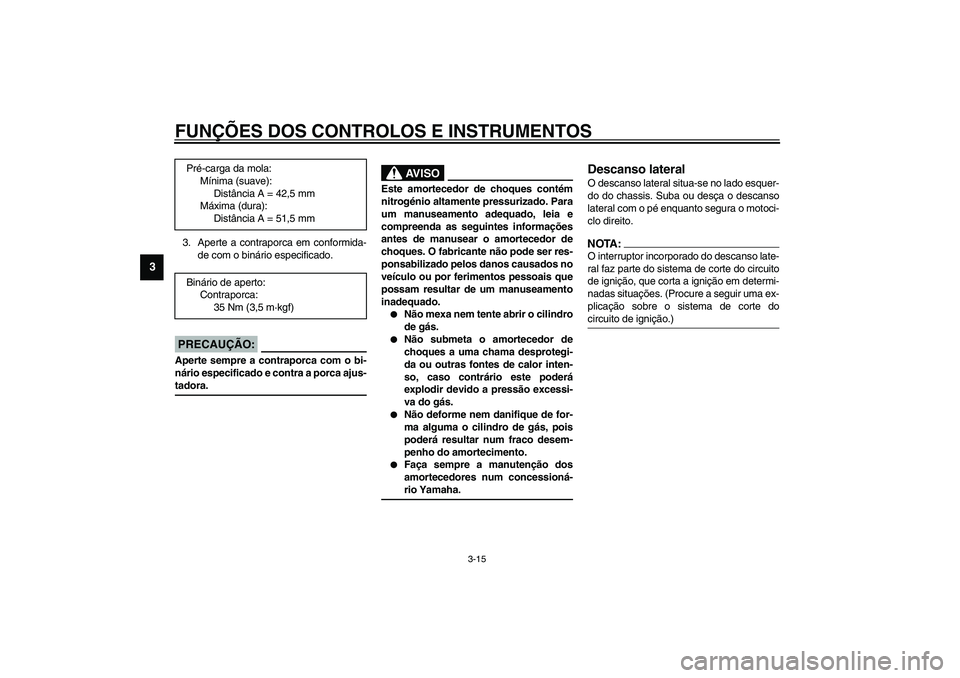 YAMAHA XV1600A 2002 Manual de utilização (in Portuguese) FUNÇÕES DOS CONTROLOS E INSTRUMENTOS
3-15
3
3. Aperte a contraporca em conformida-
de com o binário especificado.
PC000018
PRECAUÇÃO:_ Aperte sempre a contraporca com o bi-
nário especificado e YAMAHA XV1600A 2002 Manual de utilização (in Portuguese) FUNÇÕES DOS CONTROLOS E INSTRUMENTOS
3-15
3
3. Aperte a contraporca em conformida-
de com o binário especificado.
PC000018
PRECAUÇÃO:_ Aperte sempre a contraporca com o bi-
nário especificado e