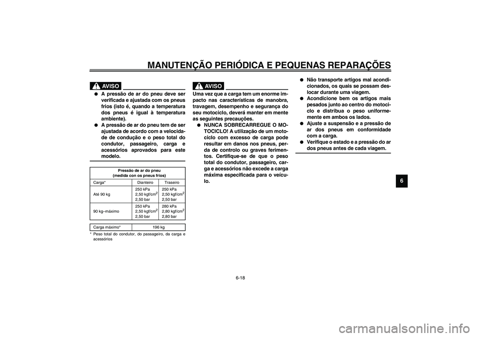YAMAHA XV1600A 2002  Manual de utilização (in Portuguese) MANUTENÇÃO PERIÓDICA E PEQUENAS REPARAÇÕES
6-18
6
PW000082
AV I S O
_ 
A pressão de ar do pneu deve ser
verificada e ajustada com os pneus
frios (isto é, quando a temperatura
dos pneus é igua