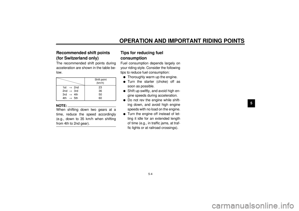 YAMAHA XV1600A 2001 Service Manual OPERATION AND IMPORTANT RIDING POINTS
5-4
5
EAU02941
Recommended shift points 
(for Switzerland only) The recommended shift points during
acceleration are shown in the table be-
low.CF-01ENOTE:@ When 