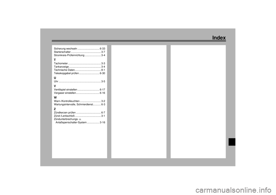 YAMAHA XV1600A 2001  Betriebsanleitungen (in German) Index
Sicherung wechseln .............................. 6-33
Starterschalter ......................................... 3-7
Stromkreis-Prüfeinrichtung ...................... 3-4TTachometer ...........