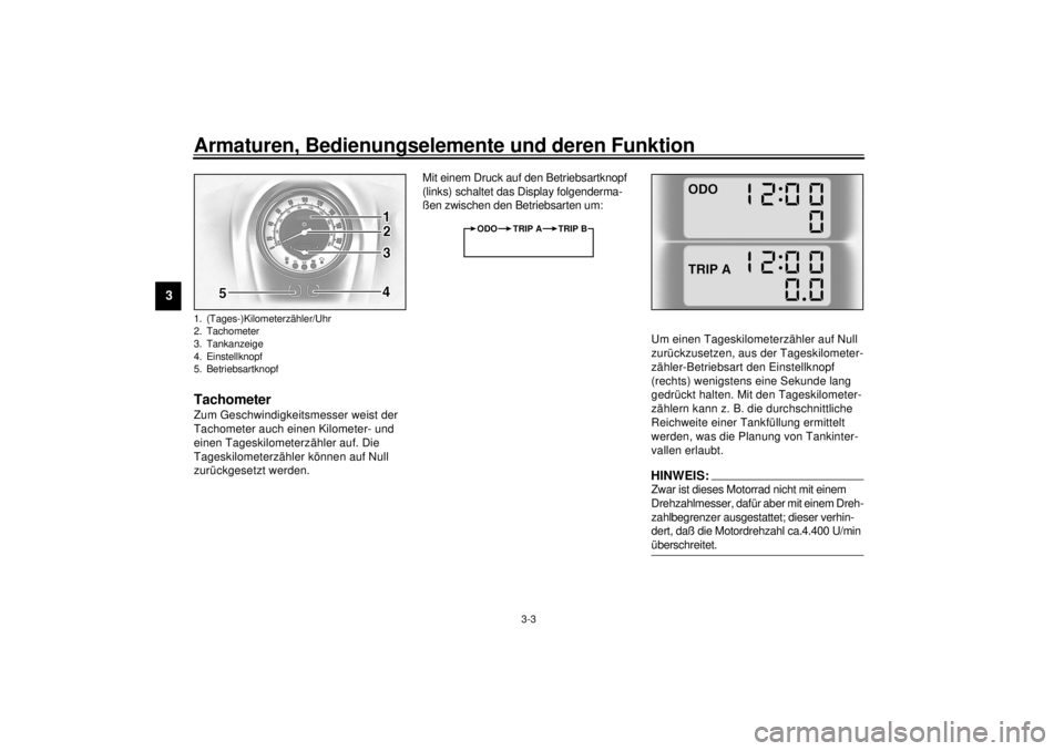 YAMAHA XV1600A 2001 Betriebsanleitungen (in German) Armaturen, Bedienungselemente und deren Funktion
3-3
3
GAU03393
Tachometer Zum Geschwindigkeitsmesser weist der
Tachometer auch einen Kilometer- und
einen Tageskilometerzähler auf. Die
Tageskilome YAMAHA XV1600A 2001 Betriebsanleitungen (in German) Armaturen, Bedienungselemente und deren Funktion
3-3
3
GAU03393
Tachometer Zum Geschwindigkeitsmesser weist der
Tachometer auch einen Kilometer- und
einen Tageskilometerzähler auf. Die
Tageskilome