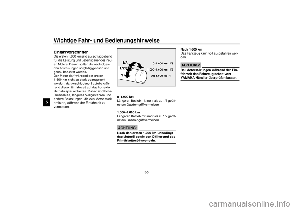 YAMAHA XV1600A 2001  Betriebsanleitungen (in German) Wichtige Fahr- und Bedienungshinweise
5-5
5
GAU01128
Einfahrvorschriften Die ersten 1.600 km sind ausschlaggebend 
für die Leistung und Lebensdauer des neu-
en Motors. Darum sollten die nachfolgen-
d