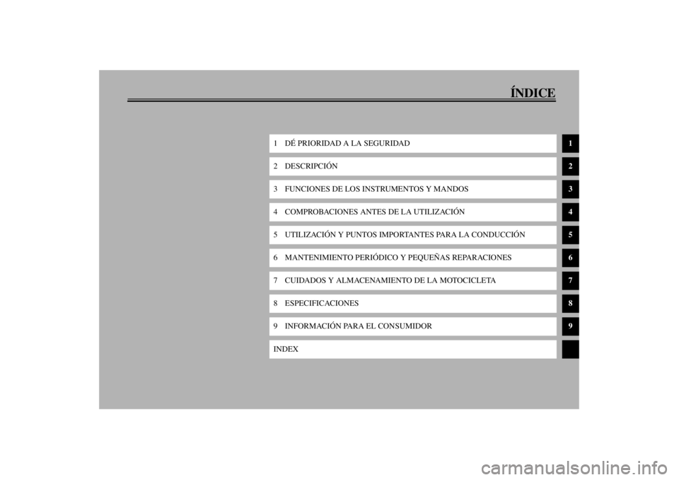 YAMAHA XV1600A 2001  Manuale de Empleo (in Spanish) ÍNDICE
1 DÉ PRIORIDAD A LA SEGURIDAD
1
2DESCRIPCIÓN
2
3 FUNCIONES DE LOS INSTRUMENTOS Y MANDOS
3
4 COMPROBACIONES ANTES DE LA UTILIZACIÓN
4
5 UTILIZACIÓN Y PUNTOS IMPORTANTES PARA LA CONDUCCIÓN
