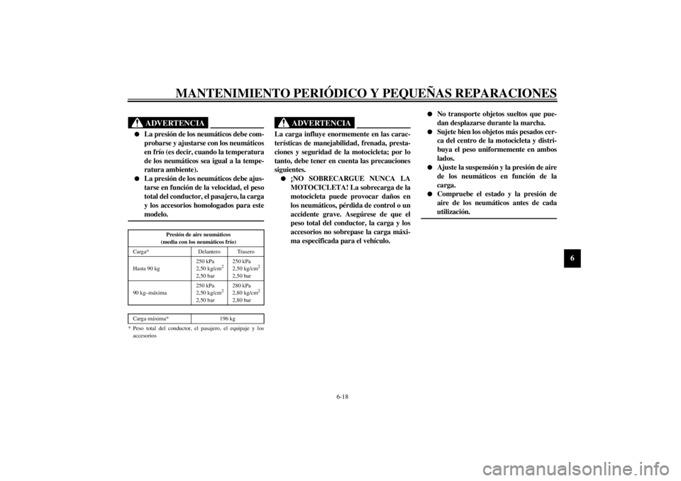 YAMAHA XV1600A 2001  Manuale de Empleo (in Spanish) MANTENIMIENTO PERIÓDICO Y PEQUEÑAS REPARACIONES
6-18
6
SW000082
ADVERTENCIA
_ l
La presión de los neumáticos debe com-
probarse y ajustarse con los neumáticos
en frío (es decir, cuando la temper