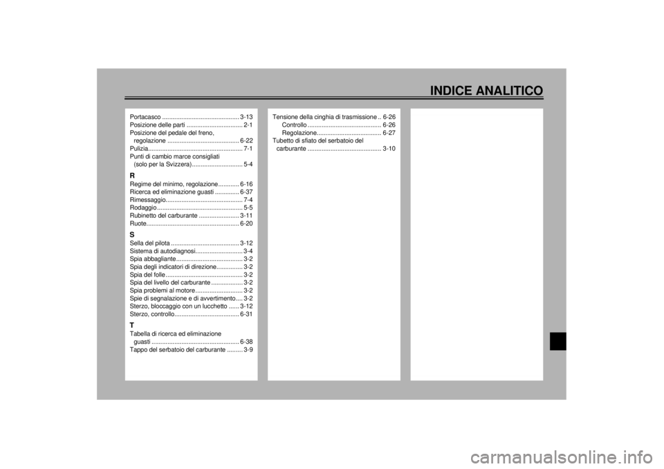 YAMAHA XV1600A 2001  Manuale duso (in Italian) INDICE ANALITICO
Portacasco ............................................ 3-13
Posizione delle parti ................................ 2-1
Posizione del pedale del freno, 
regolazione ..................