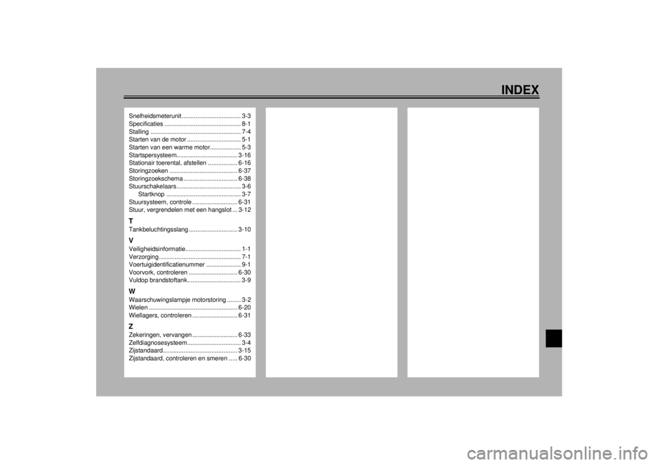 YAMAHA XV1600A 2001  Instructieboekje (in Dutch) INDEX
Snelheidsmeterunit .................................. 3-3
Specificaties ............................................ 8-1
Stalling.................................................... 7-4
Starten 