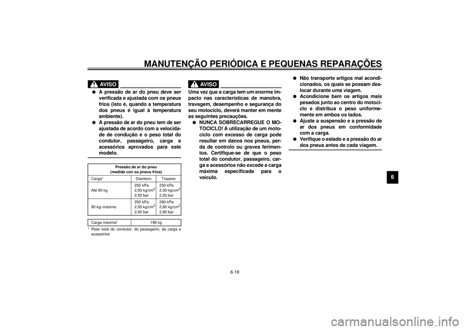 YAMAHA XV1600A 2001  Manual de utilização (in Portuguese) MANUTENÇÃO PERIÓDICA E PEQUENAS REPARAÇÕES
6-18
6
PW000082
AV I S O
_ l
A pressão de ar do pneu deve ser
verificada e ajustada com os pneus
frios (isto é, quando a temperatura
dos pneus é igua