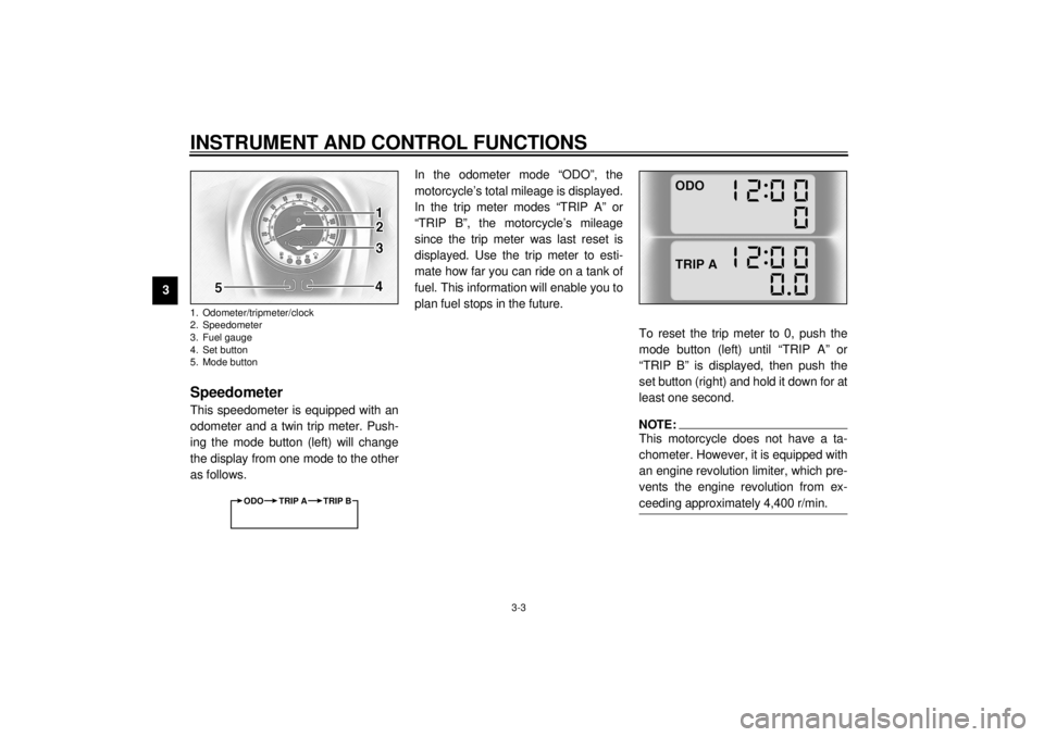 YAMAHA XV1600A 2000 User Guide INSTRUMENT AND CONTROL FUNCTIONS
3-3
3
EAU01734
SpeedometerThis speedometer is equipped with an
odometer and a twin trip meter. Push-
ing the mode button (left) will change
the display from one mode t