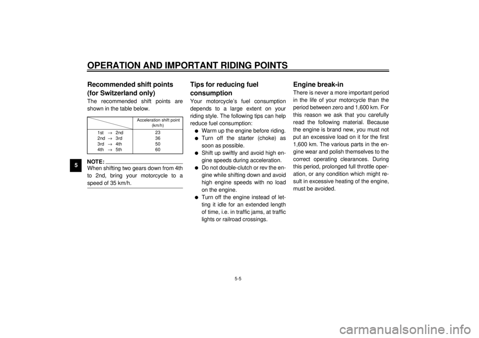 YAMAHA XV1600A 2000 Service Manual OPERATION AND IMPORTANT RIDING POINTS
5-5
5
EAU02941
Recommended shift points 
(for Switzerland only)The recommended shift points are
shown in the table below.CF-25ENOTE:@ When shifting two gears down