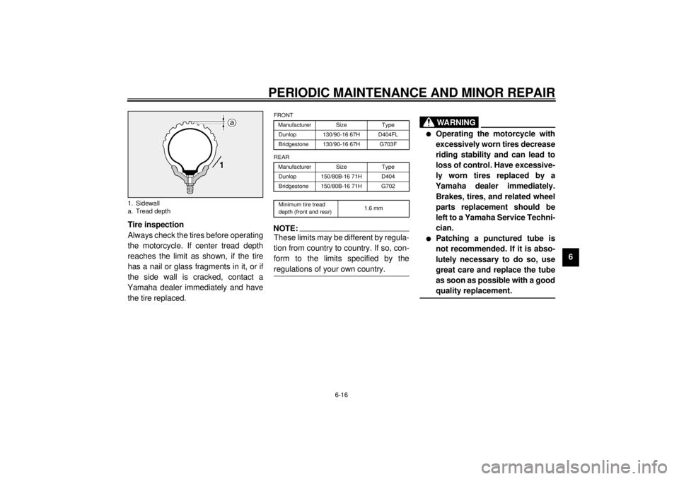 YAMAHA XV1600A 2000  Owners Manual PERIODIC MAINTENANCE AND MINOR REPAIR
6-16
6 Tire inspection
Always check the tires before operating
the motorcycle. If center tread depth
reaches the limit as shown, if the tire
has a nail or glass f