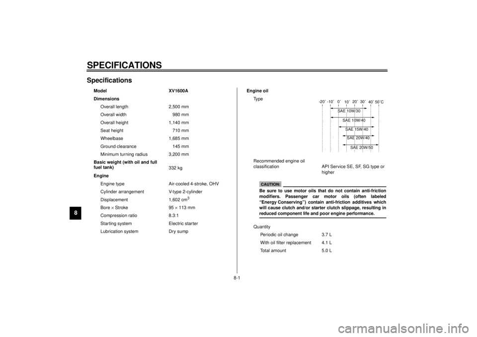 YAMAHA XV1600A 2000  Owners Manual 8-1
8
EAU01038
8-SPECIFICATIONSSpecifications
Model XV1600A
Dimensions
Overall length 2,500 mm
Overall width 980 mm
Overall height 1,140 mm
Seat height 710 mm
Wheelbase 1,685 mm
Ground clearance 145 m