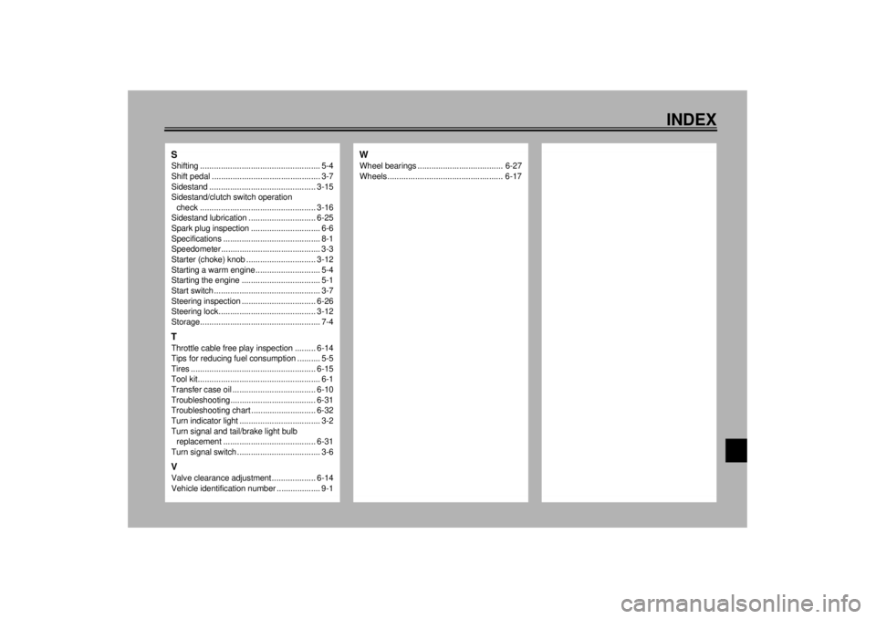 YAMAHA XV1600A 2000  Owners Manual INDEX
SShifting .................................................... 5-4
Shift pedal ............................................... 3-7
Sidestand .............................................. 3-15
S
