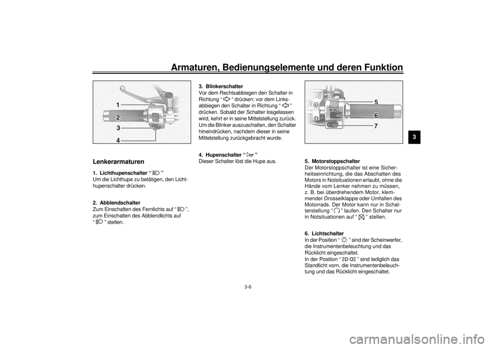 YAMAHA XV1600A 2000  Betriebsanleitungen (in German) Armaturen, Bedienungselemente und deren Funktion
3-6
3
GAU00118
Lenkerarmaturen
GAU00119
1. Lichthupenschalter “ ”
Um die Lichthupe zu betätigen, den Licht-
hupenschalter drücken.
GAU00121
2. Ab