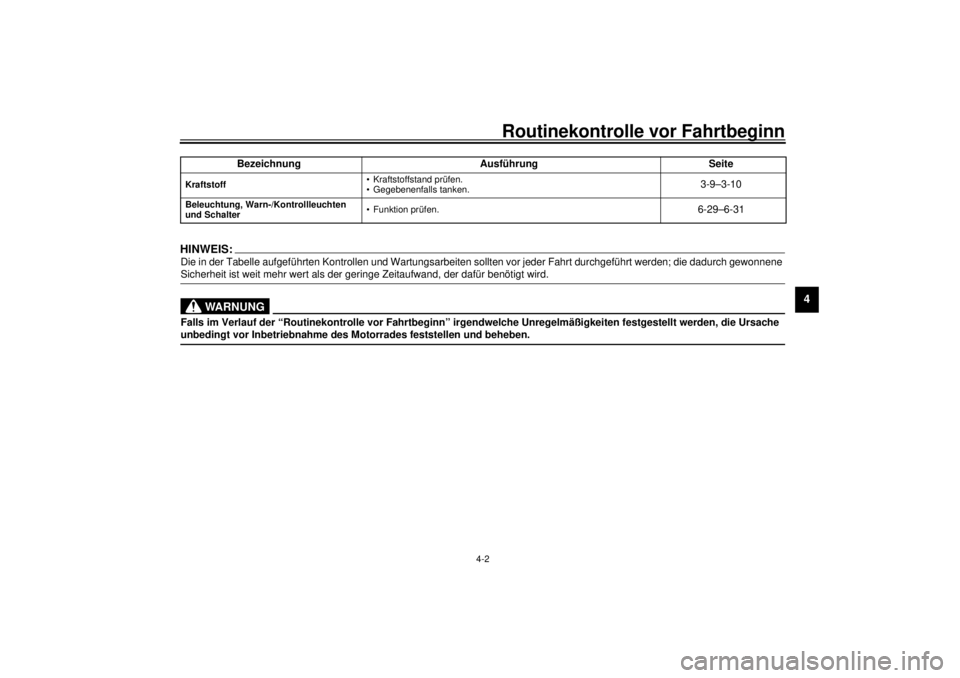 YAMAHA XV1600A 2000  Betriebsanleitungen (in German) Routinekontrolle vor Fahrtbeginn
4-2
4
HINWEIS:Die in der Tabelle aufgeführten Kontrollen und Wartungsarbeiten sollten vor jeder Fahrt durchgeführt werden; die dadurch gewonnene 
Sicherheit ist weit