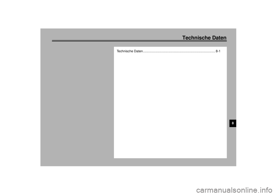 YAMAHA XV1600A 2000  Betriebsanleitungen (in German) Technische Daten
8
Technische Daten ............................................................................... 8-1
G_5ja_SpecTOC.fm  Page 1  Saturday, October 16, 1999  10:44 AM 