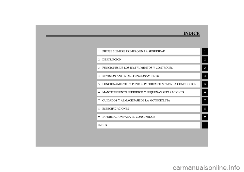 YAMAHA XV1600A 2000  Manuale de Empleo (in Spanish) ÍNDICE
1 PIENSE SIEMPRE PRIMERO EN LA SEGURIDAD
1
2DESCRIPCION
2
3 FUNCIONES DE LOS INSTRUMENTOS Y CONTROLES
3
4 REVISION ANTES DEL FUNCIONAMIENTO
4
5 FUNCIONAMIENTO Y PUNTOS IMPORTANTES PARA LA COND