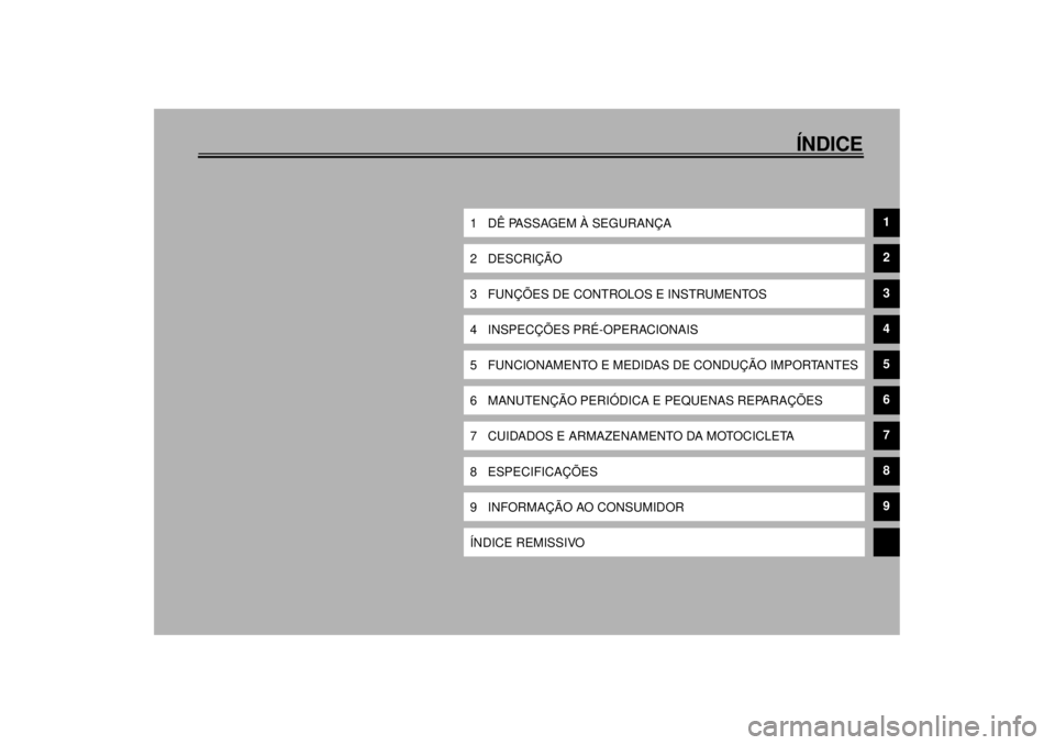 YAMAHA XV1600A 2000  Manual de utilização (in Portuguese) ÍNDICE
1 DÊ PASSAGEM À SEGURANÇA
1
2 DESCRIÇÃO
2
3 FUNÇÕES DE CONTROLOS E INSTRUMENTOS
3
4 INSPECÇÕES PRÉ-OPERACIONAIS
4
5 FUNCIONAMENTO E MEDIDAS DE CONDUÇÃO IMPORTANTES
5
6 MANUTENÇÃO