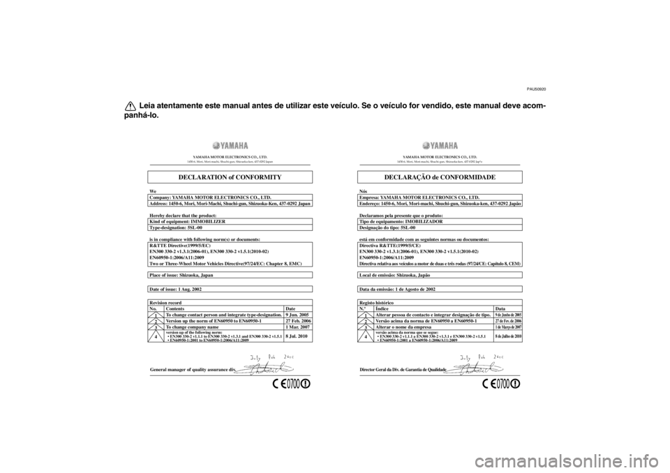 YAMAHA XV1900A 2012 Manual de utilização (in Portuguese) PAU50920
Leia atentamente este manual antes de utilizar este veículo. Se o veículo for vendido, este manual deve acom-
panhá-lo.
General manager of quality assurance div.
Date of issue: 1 Aug. 2002 YAMAHA XV1900A 2012 Manual de utilização (in Portuguese) PAU50920
Leia atentamente este manual antes de utilizar este veículo. Se o veículo for vendido, este manual deve acom-
panhá-lo.
General manager of quality assurance div.
Date of issue: 1 Aug. 2002