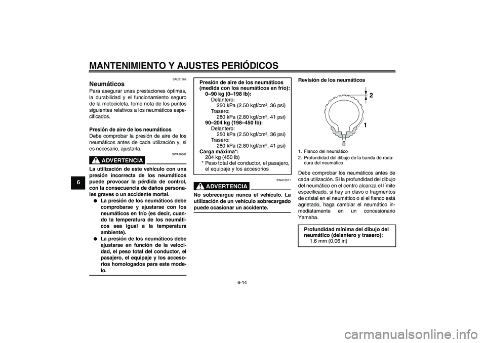 YAMAHA XV1900A 2009  Manuale de Empleo (in Spanish) MANTENIMIENTO Y AJUSTES PERIÓDICOS
6-14
6
SAU21562
Neumáticos Para asegurar unas prestaciones óptimas,
la durabilidad y el funcionamiento seguro
de la motocicleta, tome nota de los puntos
siguiente