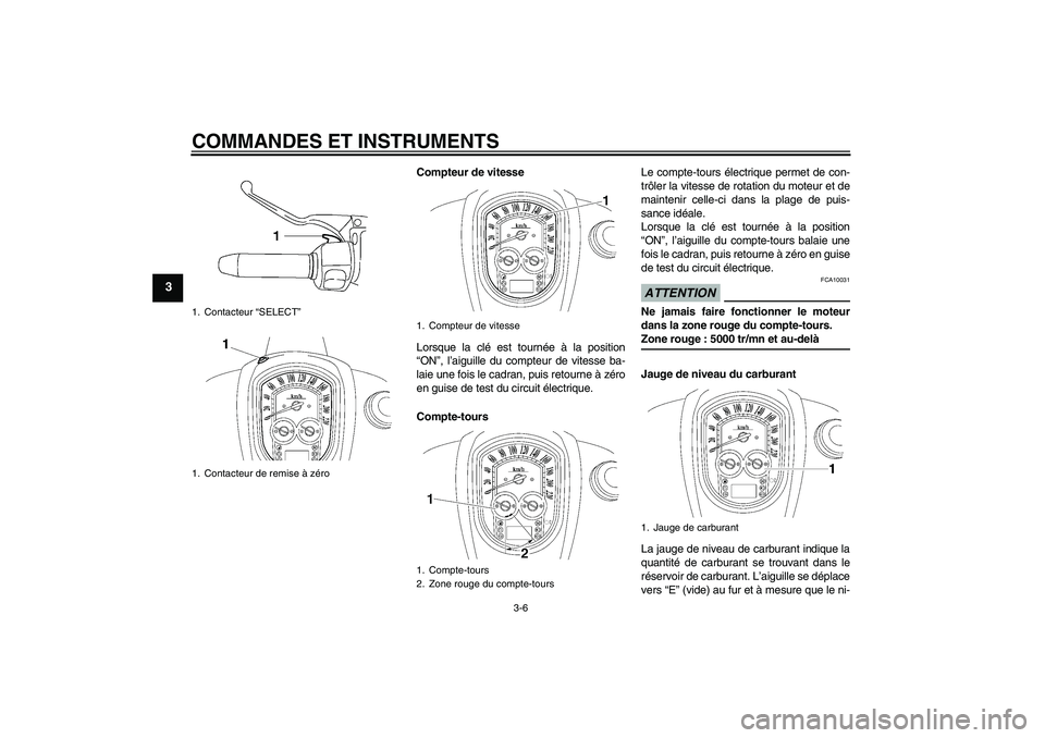 YAMAHA XV1900A 2009  Notices Demploi (in French) COMMANDES ET INSTRUMENTS
3-6
3
Compteur de vitesse
Lorsque la clé est tournée à la position
“ON”, l’aiguille du compteur de vitesse ba-
laie une fois le cadran, puis retourne à zéro
en guis