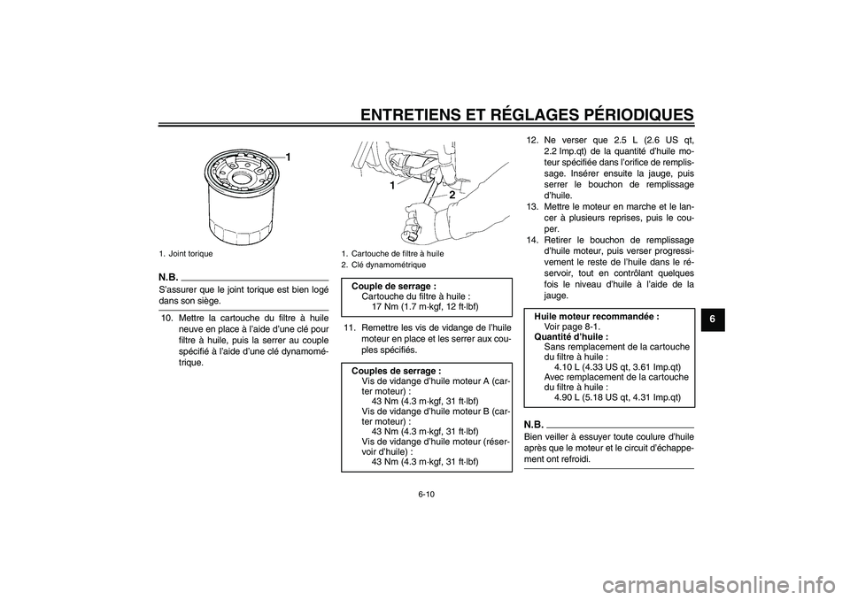 YAMAHA XV1900A 2009  Notices Demploi (in French) ENTRETIENS ET RÉGLAGES PÉRIODIQUES
6-10
6
N.B.S’assurer que le joint torique est bien logédans son siège.
10. Mettre la cartouche du filtre à huile
neuve en place à l’aide d’une clé pour
