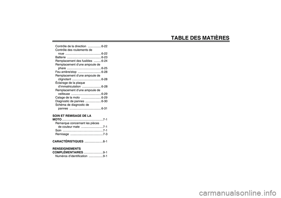 YAMAHA XV1900A 2009  Notices Demploi (in French) TABLE DES MATIÈRES
Contrôle de la direction  ................ 6-22
Contrôle des roulements de 
roue ........................................... 6-22
Batterie .......................................