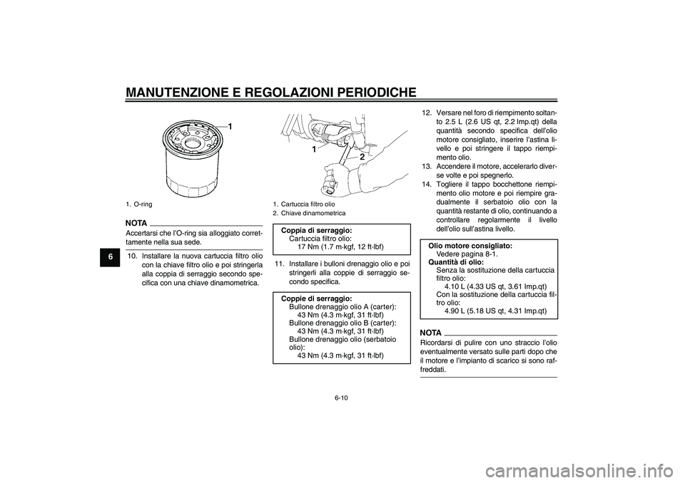 YAMAHA XV1900A 2009  Manuale duso (in Italian) MANUTENZIONE E REGOLAZIONI PERIODICHE
6-10
6
NOTA
Accertarsi che l’O-ring sia alloggiato corret-tamente nella sua sede.
10. Installare la nuova cartuccia filtro olio
con la chiave filtro olio e poi 
