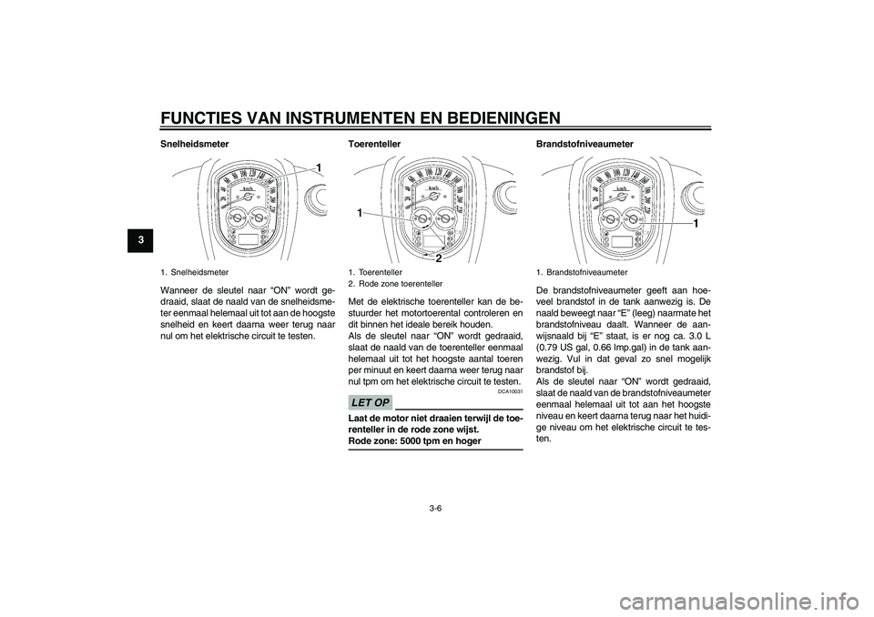 YAMAHA XV1900A 2009  Instructieboekje (in Dutch) FUNCTIES VAN INSTRUMENTEN EN BEDIENINGEN
3-6
3
Snelheidsmeter
Wanneer de sleutel naar “ON” wordt ge-
draaid, slaat de naald van de snelheidsme-
ter eenmaal helemaal uit tot aan de hoogste
snelheid