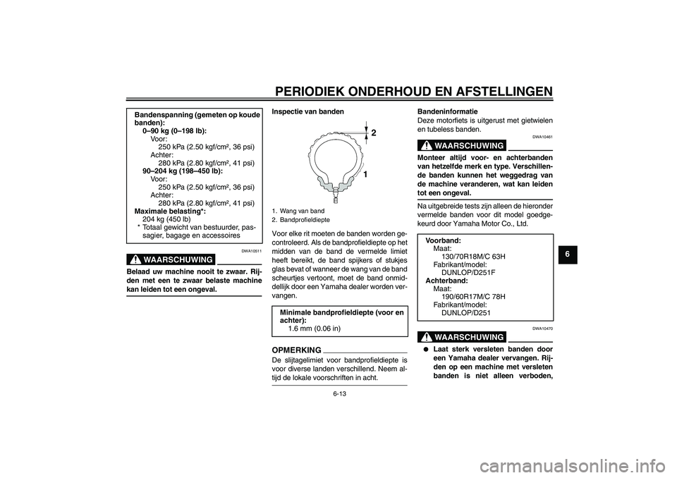 YAMAHA XV1900A 2009  Instructieboekje (in Dutch) PERIODIEK ONDERHOUD EN AFSTELLINGEN
6-13
6
WAARSCHUWING
DWA10511
Belaad uw machine nooit te zwaar. Rij-
den met een te zwaar belaste machinekan leiden tot een ongeval.Inspectie van banden
Voor elke ri