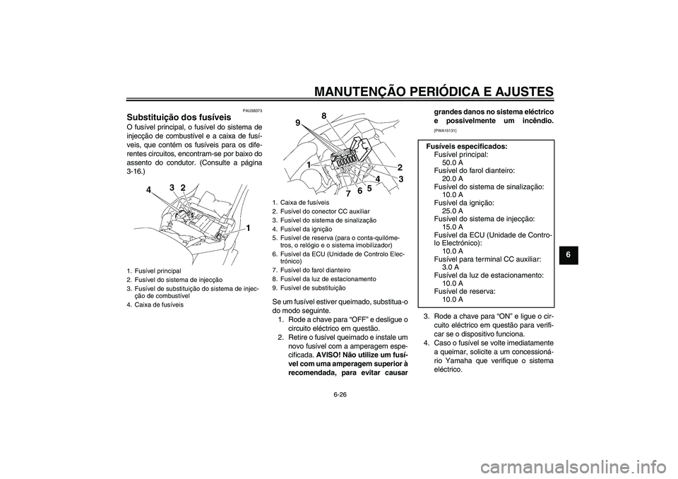 YAMAHA XV1900A 2009 Manual de utilização (in Portuguese) MANUTENÇÃO PERIÓDICA E AJUSTES
6-26
6
PAU38373
Substituição dos fusíveis O fusível principal, o fusível do sistema de
injecção de combustível e a caixa de fusí-
veis, que contém os fusív YAMAHA XV1900A 2009 Manual de utilização (in Portuguese) MANUTENÇÃO PERIÓDICA E AJUSTES
6-26
6
PAU38373
Substituição dos fusíveis O fusível principal, o fusível do sistema de
injecção de combustível e a caixa de fusí-
veis, que contém os fusív