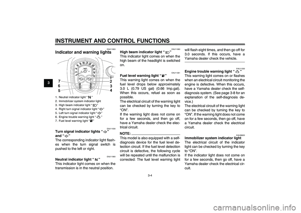 YAMAHA XV1900A 2008  Owners Manual INSTRUMENT AND CONTROL FUNCTIONS
3-4
3
EAU11003
Indicator and warning lights 
EAU11030
Turn signal indicator lights“” 
and“” 
The corresponding indicator light flash-
es when the turn signal s