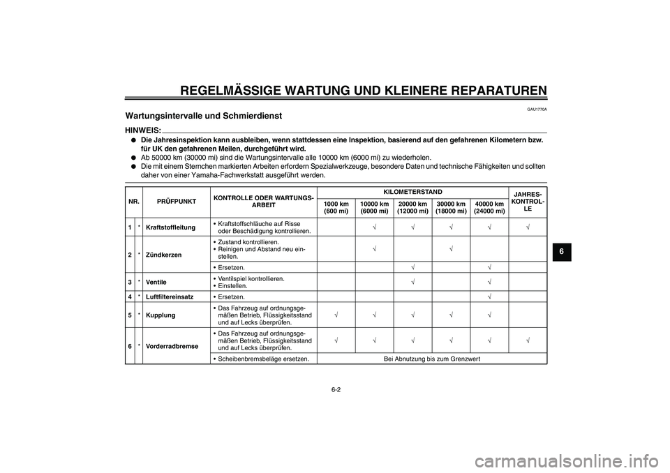YAMAHA XV1900A 2008  Betriebsanleitungen (in German) REGELMÄSSIGE WARTUNG UND KLEINERE REPARATUREN
6-2
6
GAU1770A
Wartungsintervalle und Schmierdienst HINWEIS:
Die Jahresinspektion kann ausbleiben, wenn stattdessen eine Inspektion, basierend auf den g