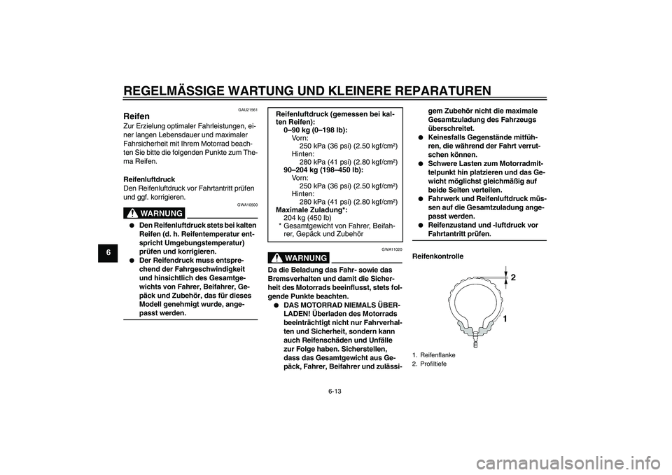 YAMAHA XV1900A 2008  Betriebsanleitungen (in German) REGELMÄSSIGE WARTUNG UND KLEINERE REPARATUREN
6-13
6
GAU21561
Reifen Zur Erzielung optimaler Fahrleistungen, ei-
ner langen Lebensdauer und maximaler 
Fahrsicherheit mit Ihrem Motorrad beach-
ten Sie