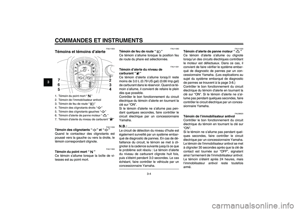 YAMAHA XV1900A 2008  Notices Demploi (in French) COMMANDES ET INSTRUMENTS
3-4
3
FAU11003
Témoins et témoins d’alerte 
FAU11030
Témoin des clignotants“” et“” 
Quand le contacteur des clignotants est
poussé vers la gauche ou vers la droi