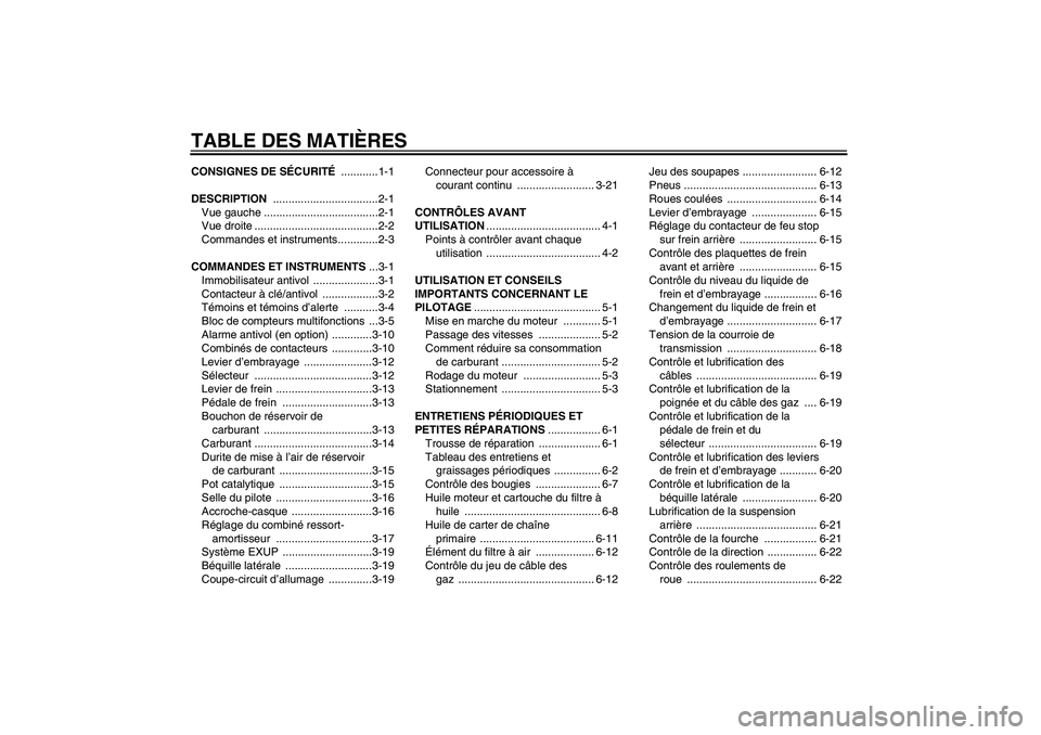 YAMAHA XV1900A 2008  Notices Demploi (in French) TABLE DES MATIÈRESCONSIGNES DE SÉCURITÉ ............1-1
DESCRIPTION ..................................2-1
Vue gauche .....................................2-1
Vue droite ............................