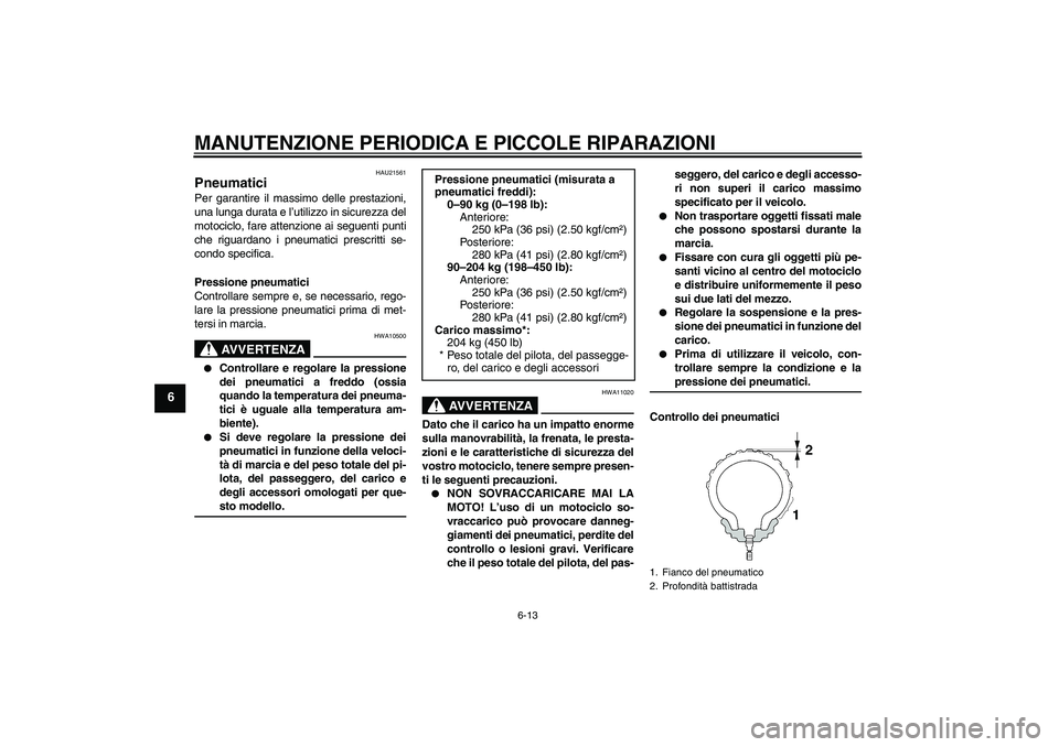 YAMAHA XV1900A 2008  Manuale duso (in Italian) MANUTENZIONE PERIODICA E PICCOLE RIPARAZIONI
6-13
6
HAU21561
Pneumatici Per garantire il massimo delle prestazioni,
una lunga durata e l’utilizzo in sicurezza del
motociclo, fare attenzione ai segue