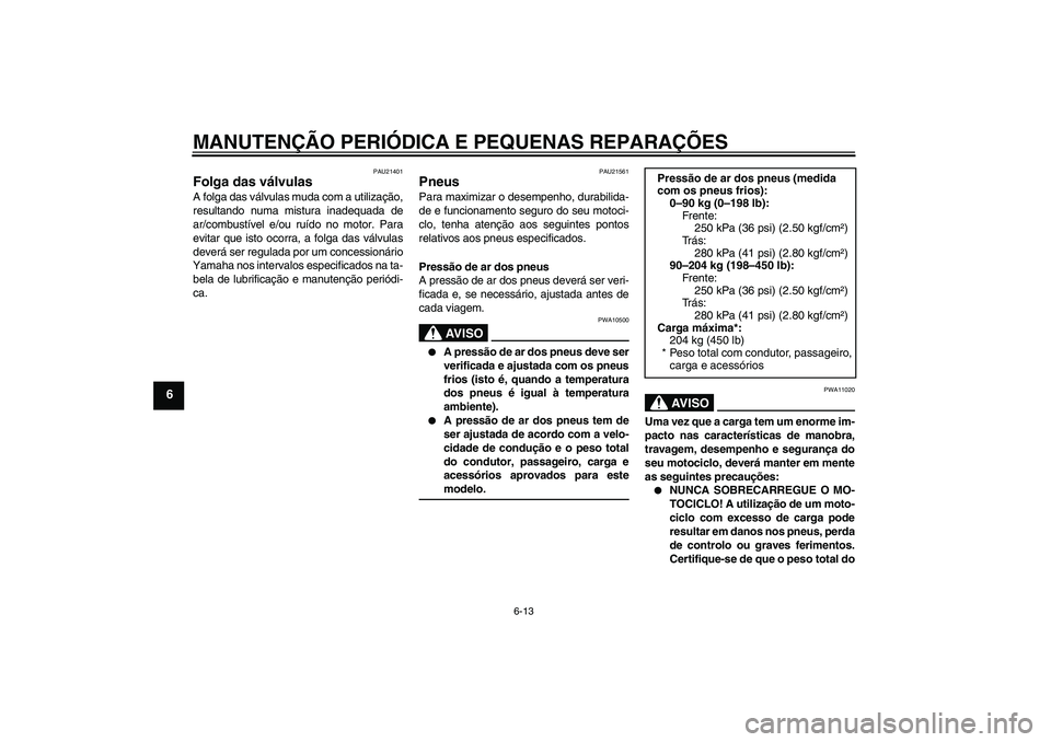 YAMAHA XV1900A 2008  Manual de utilização (in Portuguese) MANUTENÇÃO PERIÓDICA E PEQUENAS REPARAÇÕES
6-13
6
PAU21401
Folga das válvulas A folga das válvulas muda com a utilização,
resultando numa mistura inadequada de
ar/combustível e/ou ruído no 