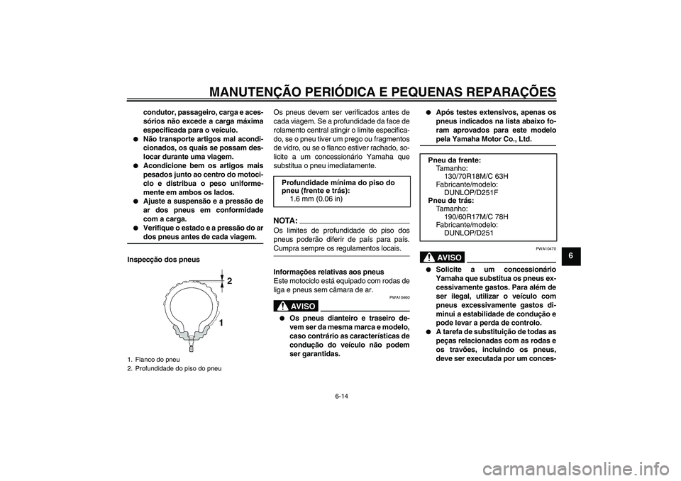 YAMAHA XV1900A 2008  Manual de utilização (in Portuguese) MANUTENÇÃO PERIÓDICA E PEQUENAS REPARAÇÕES
6-14
6
condutor, passageiro, carga e aces-
sórios não excede a carga máxima
especificada para o veículo.

Não transporte artigos mal acondi-
ciona