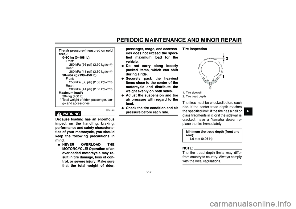 YAMAHA XV1900A 2007 Workshop Manual PERIODIC MAINTENANCE AND MINOR REPAIR
6-12
6
WARNING
EWA11020
Because loading has an enormous
impact on the handling, braking,
performance and safety characteris-
tics of your motorcycle, you should
k