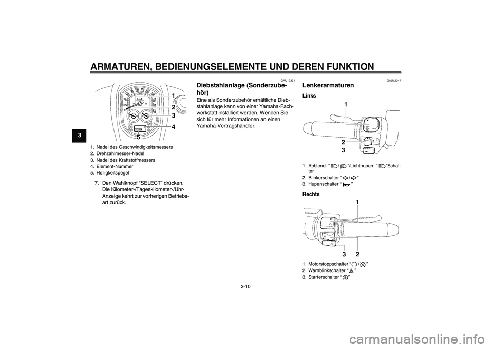 YAMAHA XV1900A 2007  Betriebsanleitungen (in German) ARMATUREN, BEDIENUNGSELEMENTE UND DEREN FUNKTION
3-10
3
7. Den Wahlknopf “SELECT” drücken.
Die Kilometer-/Tageskilometer-/Uhr-
Anzeige kehrt zur vorherigen Betriebs-
art zurück.
GAU12331
Diebsta