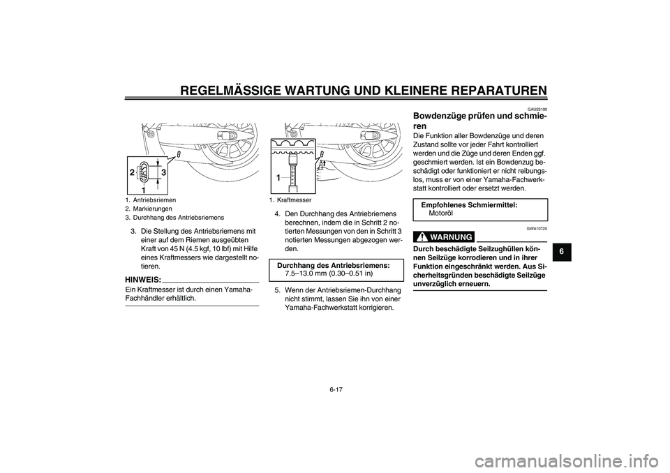 YAMAHA XV1900A 2007  Betriebsanleitungen (in German) REGELMÄSSIGE WARTUNG UND KLEINERE REPARATUREN
6-17
6
3. Die Stellung des Antriebsriemens mit 
einer auf dem Riemen ausgeübten 
Kraft von 45 N (4.5 kgf, 10 lbf) mit Hilfe 
eines Kraftmessers wie darg